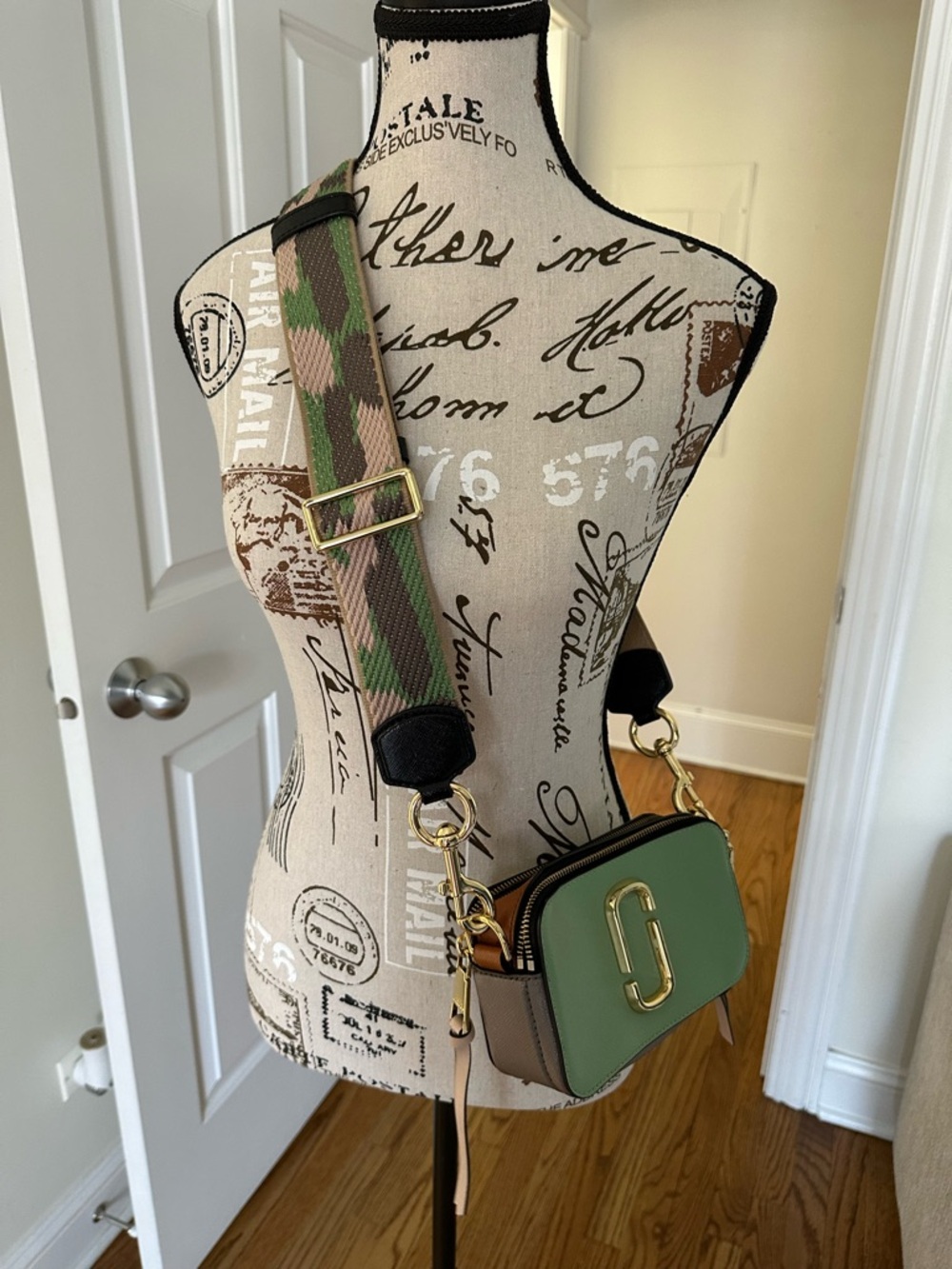 Marc Jacobs Green and Tan Snapshot Crossbody with Camo Strap